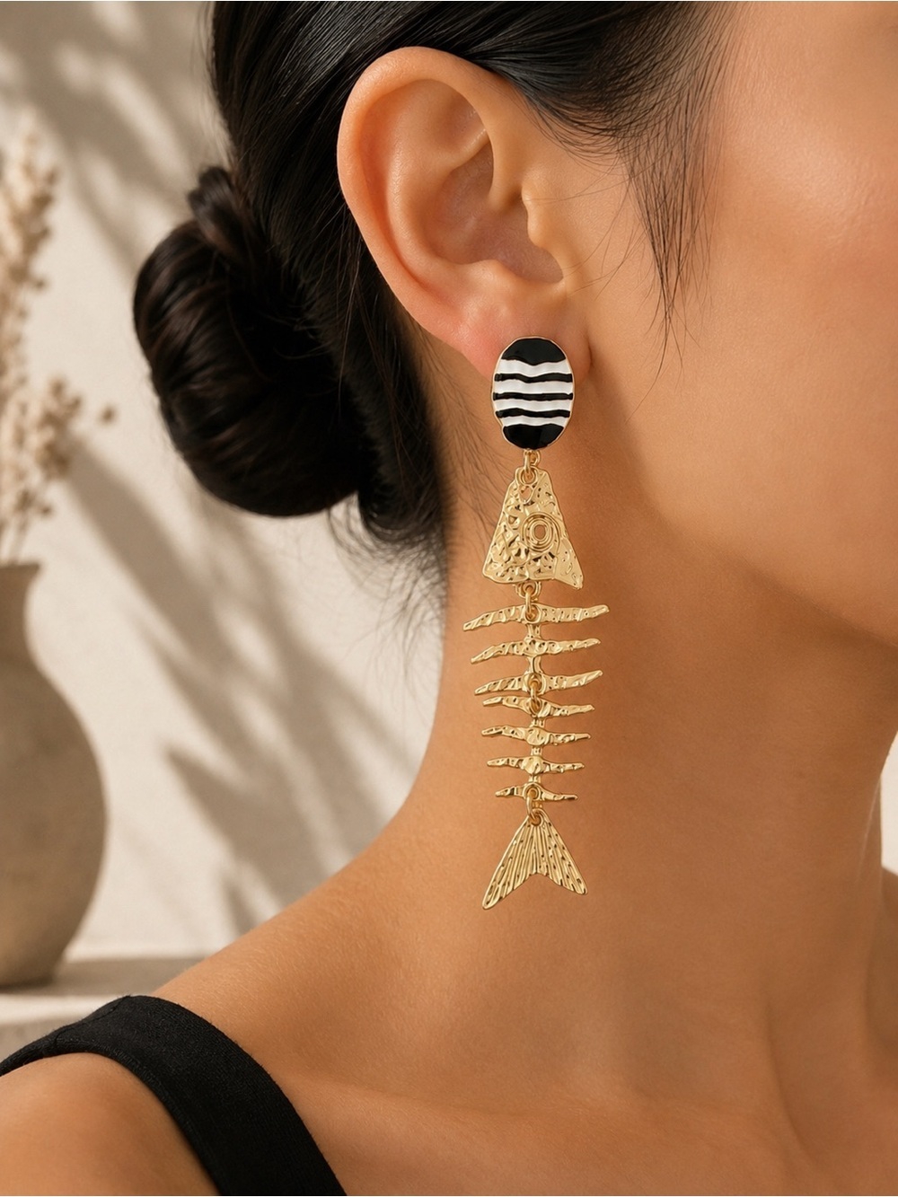 Black and White Fishbone Drop Earrings